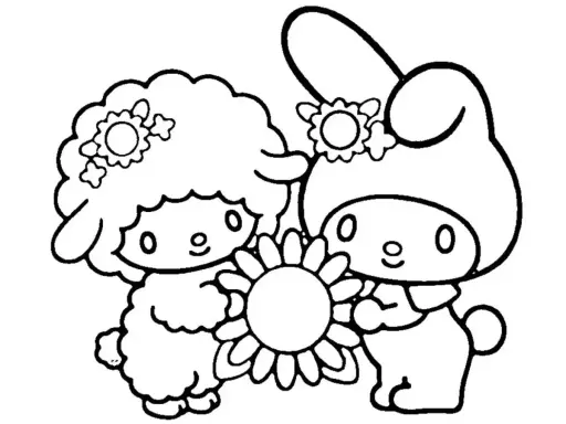 Urocza My Melody i jej przyjaciel baranek pozują z kwiatkiem. Idealna my melody kolorowanka dla dzieci.