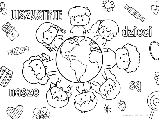 Dzień dziecka kolorowanka: dzieci z całego świata, otaczające Ziemię, z prezentami i słodyczami.