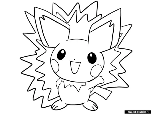 Pichu kolorowanka z iskrzącym tłem. Uroczy Pikachu, gotowy do pokolorowania, macha łapką.