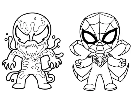 Czarno-biała kolorowanka z uroczymi postaciami: z lewej strony potworny Venom, z prawej Spider-Man. Idealne do pokolorowania!