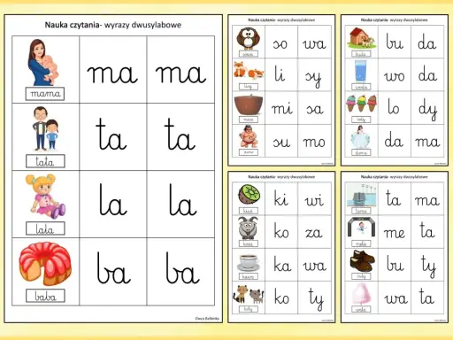 Karta pracy do nauki czytania dwusylabowych wyrazów. Obrazki i sylaby pomagają w nauce czytania.