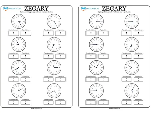Zadania z zegarami: nauka odczytywania godzin przed i po południu. Ćwiczenia z tarczami zegarów.