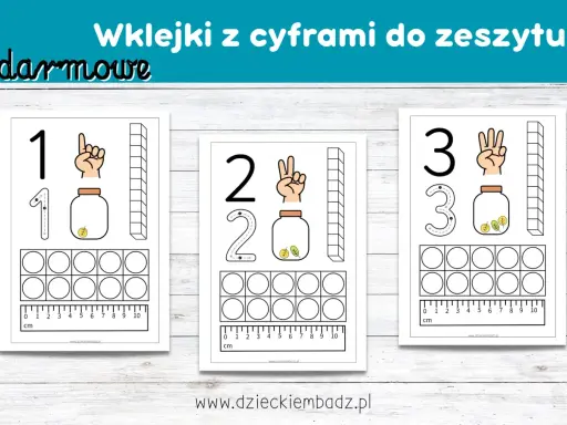 Darmowe liczby do wydruku: 1, 2, 3 z elementami do nauki liczenia i pisania cyfr.