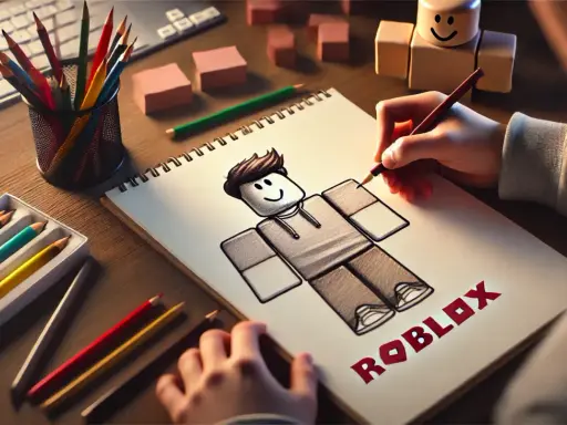 Dziecko tworzy rysunek Roblox, szkicując postać na kartce papieru.