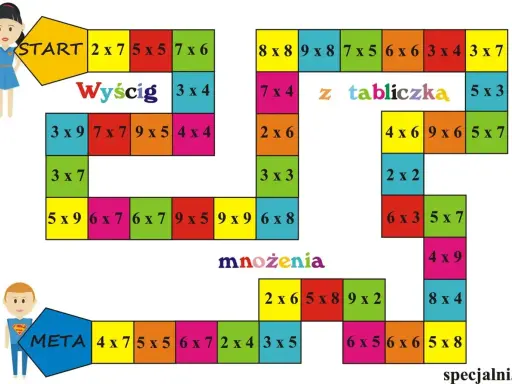 Plansza do gry "Wyścig z tabliczką mnożenia do 30". Dzieci rozwiązują przykłady, by dotrzeć do mety.