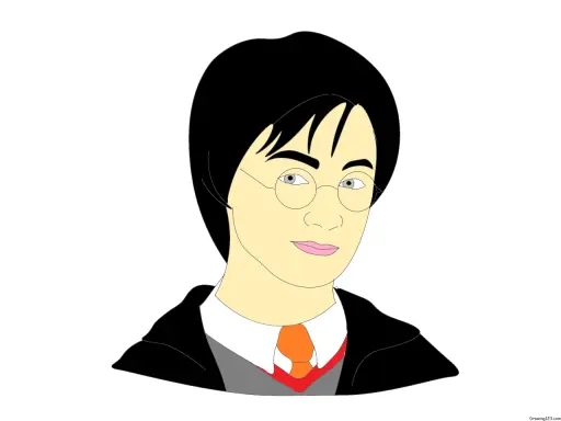 Prosty, kolorowy rysunek przedstawiający Harry'ego Pottera w okularach i szacie.