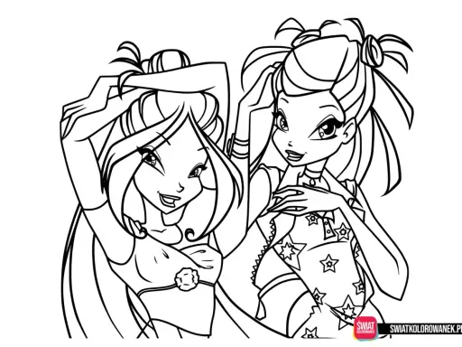 Dwie uśmiechnięte wróżki z Winx Club czekają na pokolorowanie. Idealne anime do druku dla fanów!
