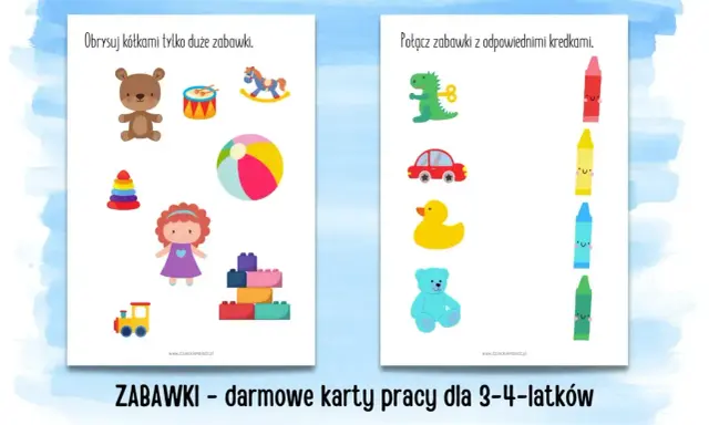 Karty pracy dla dzieci: rysowanie po śladzie zabawek, dopasowywanie ich do kolorowych kredek. Miś, autko, kaczuszka i inne.