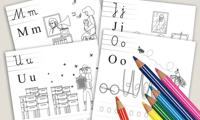 Karta pracy z literą "n" i ilustracjami: pszczoły, ule, muzyka. Kolorowe kredki gotowe do nauki.