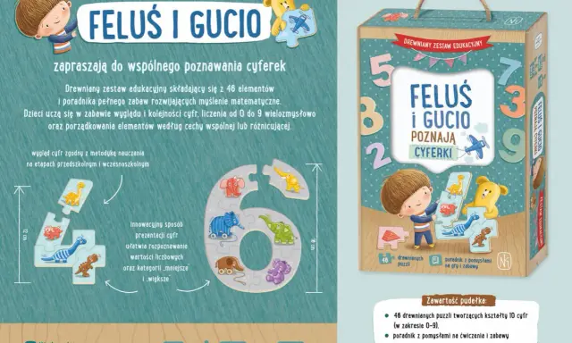 Drewniane puzzle z cyframi dla dzieci. Feluś i Gució zapraszają do nauki liczenia.