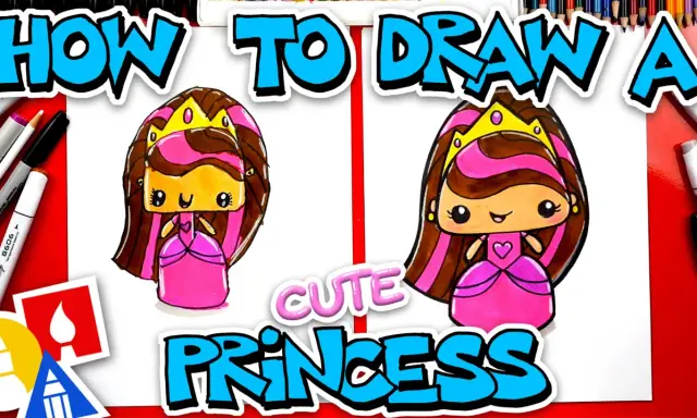 Uroczy rysunek księżniczki w różowej sukience i złotej koronie. Obok napisy "HOW TO DRAW A CUTE PRINCESS".