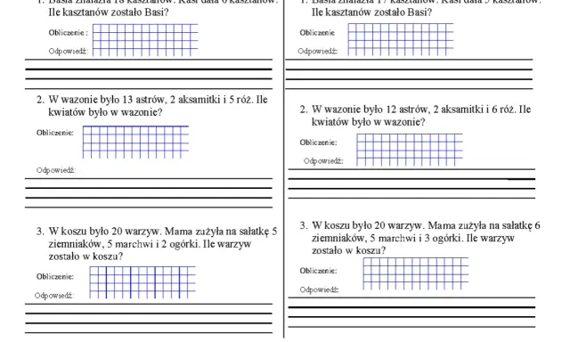 Zadania z treścią klasa 2: obliczanie pozostałych kasztanów, liczby kwiatów w wazonie i warzyw w koszu.