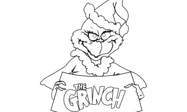 Grinch w czapce Mikołaja trzyma tabliczkę z napisem "The Grinch". Idealna grinch kolorowanka dla dzieci.