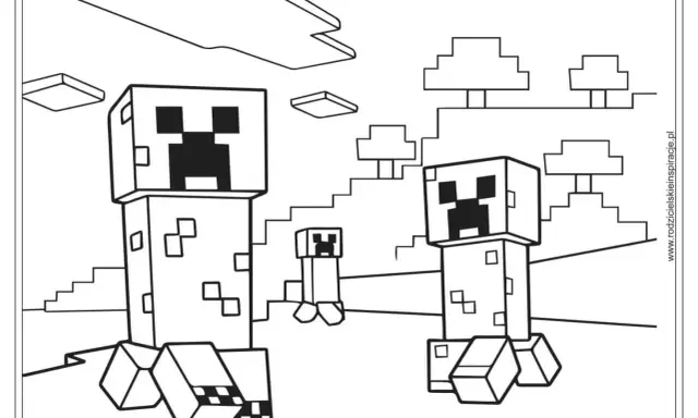 Dwa wielkie i jedno małe creepery z gry Minecraft czekają na pokolorowanie. Te proste minecraft rysunki to świetna zabawa dla fanów.