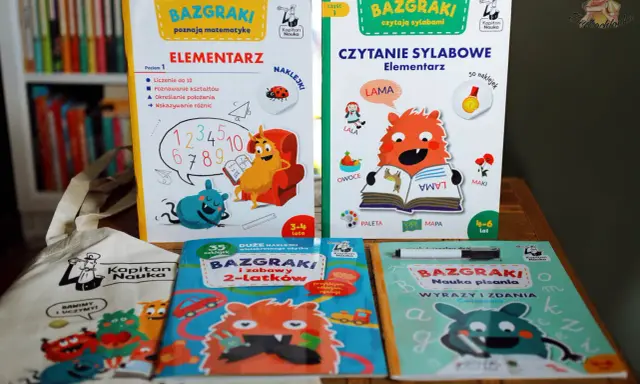 Kolorowe książeczki i torba z serii "Bazgraki" zachęcają do nauki przez zabawę. To świetne ćwiczenia literek i matematyki dla najmłodszych.