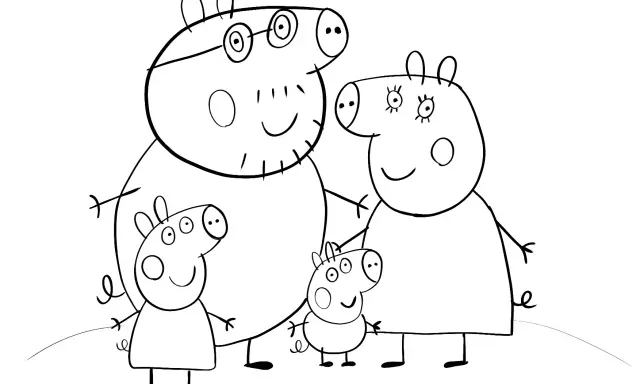 Rodzina Świnki Peppy do druku. Tata, mama, Peppa i George czekają na pokolorowanie.