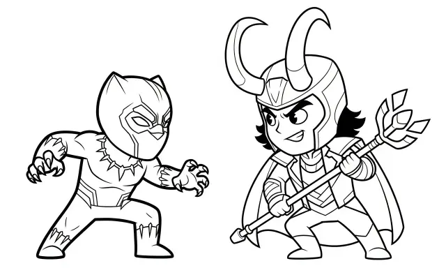 Czarno-biała avengers kolorowanka z Czarną Panterą i Lokim w stylu chibi. Gotowi do walki!