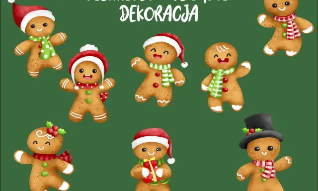 Urocze pierniczki do druku w świątecznych strojach: w czapkach Mikołaja, z szalikami i prezentami.