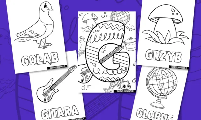 Karty pracy z literą G: gołąb, gitara, grzyb, globus. Kolorowanki dla dzieci.