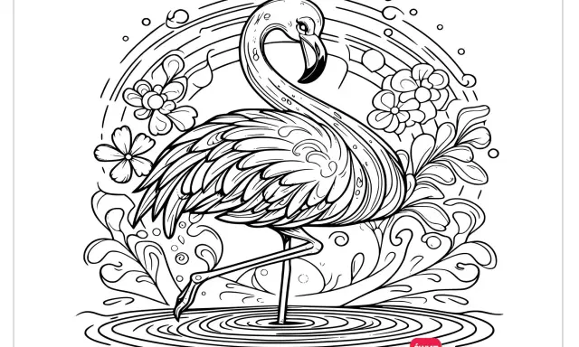 Flamingo na flaming kolorowanka, otoczony tęczą, kwiatami i wodą. Czeka na Twoje kolory!