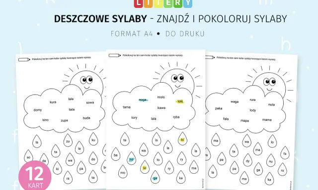 Karty pracy z literami i sylabami do kolorowania. Dzieci łączą sylaby w chmurkach i deszczowych kroplach, tworząc wyrazy.