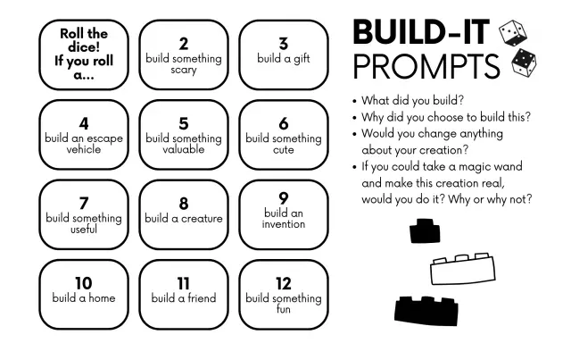Karty pracy "BUILD-IT PROMPTS" z pomysłami na budowanie: od domu po przyjaciela.