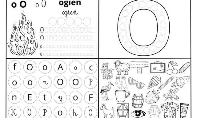 Karta pracy z literą "o" i obrazkami. Ogień, owca, oko, owoce i inne przedmioty do nauki litery "o".
