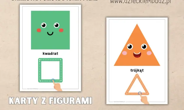 Karty edukacyjne do nauki kształtów: wesoły kwadrat i trójkąt. Dzieci ćwiczą rysowanie figur geometrycznych.
