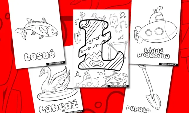 Karty pracy z literą Ł: łabędź, łódź podwodna, łosoś, łopata.
