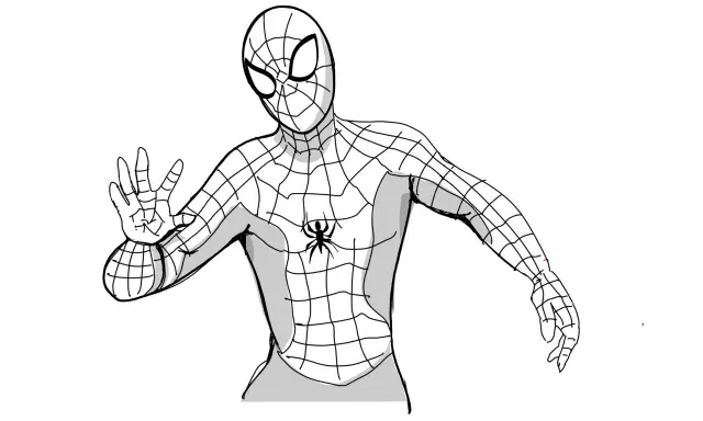 Szkic Spider-Mana w charakterystycznym stroju z pajęczyną i pająkiem na piersi. Bohater unosi dłoń w geście powitania lub ostrzeżenia.
