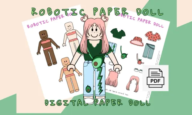 Ilustracja przedstawia cyfrowe papierowe lalki w stylu Roblox z ubraniami i akcesoriami do druku.