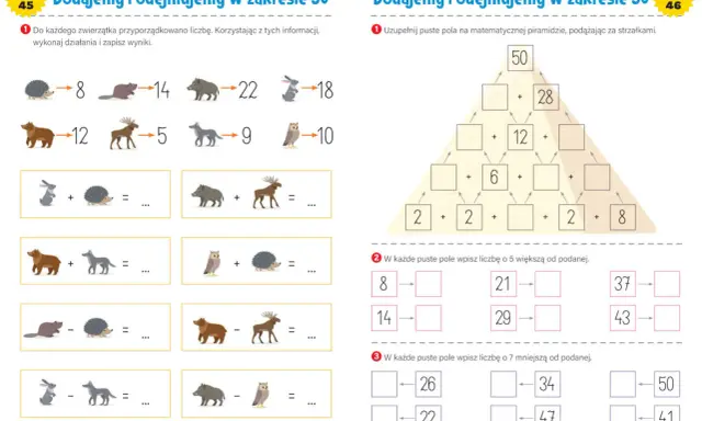 Karty pracy matematyka klasa 3: zadania z dodawaniem i odejmowaniem w zakresie 50, piramida matematyczna i uzupełnianie liczb.