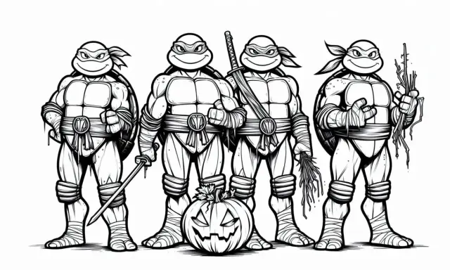 Cztery Żółwie Ninja gotowe do walki, z dynią na Halloween. Idealna żółwie ninja kolorowanka dla fanów!
