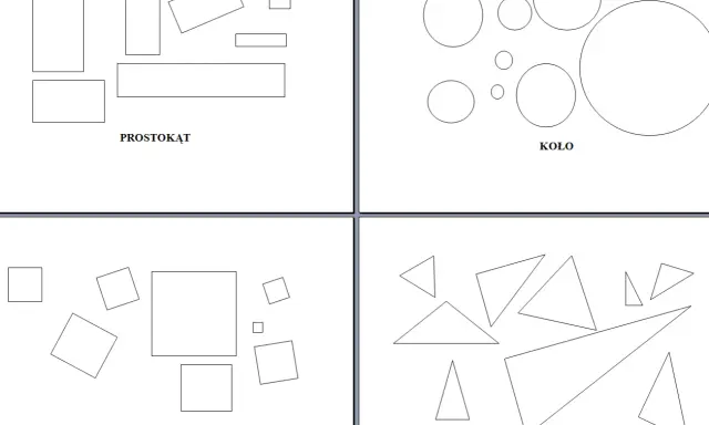 Figury geometryczne klasa 1: prostokąty, koła, kwadraty i trójkąty.