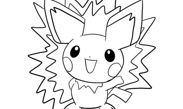 Pichu kolorowanka z iskrzącym tłem. Uroczy Pikachu, gotowy do pokolorowania, macha łapką.