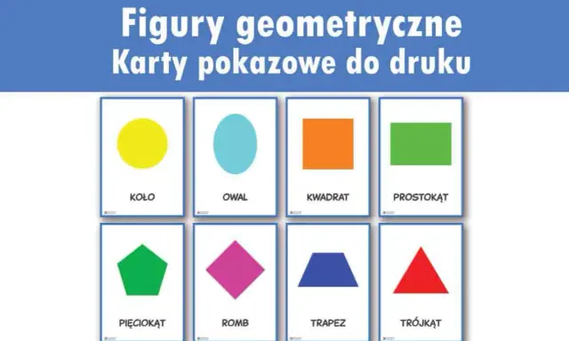 Karty edukacyjne z figurami geometrycznymi: koło, owal, kwadrat, prostokąt, pięciokąt, romb, trapez, trójkąt.