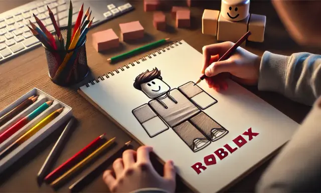 Dziecko tworzy rysunek Roblox, szkicując postać na kartce papieru.