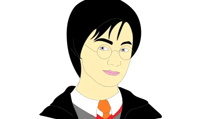 Prosty, kolorowy rysunek przedstawiający Harry'ego Pottera w okularach i szacie.