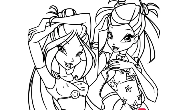 Dwie uśmiechnięte wróżki z Winx Club czekają na pokolorowanie. Idealne anime do druku dla fanów!