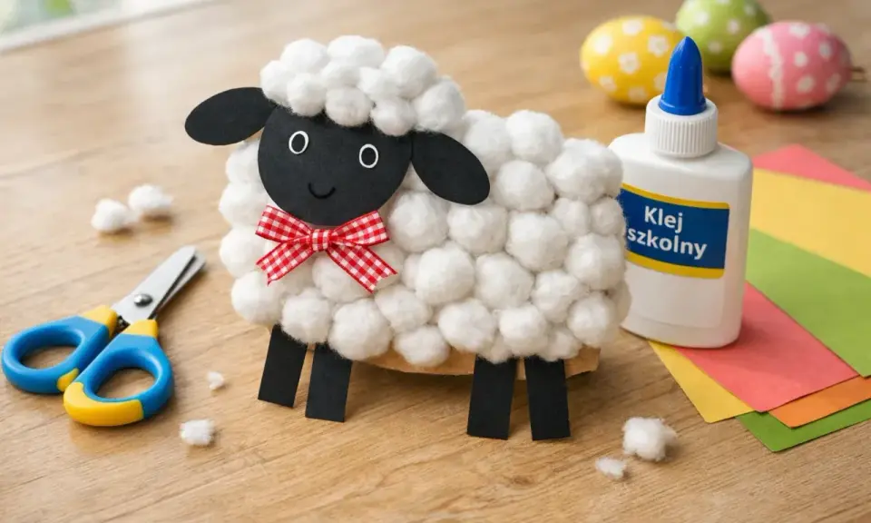 Urocza owieczka z waty, idealna do wielkanocnych rysunków i ozdób. Obok nożyczki, klej i kolorowe papiery.