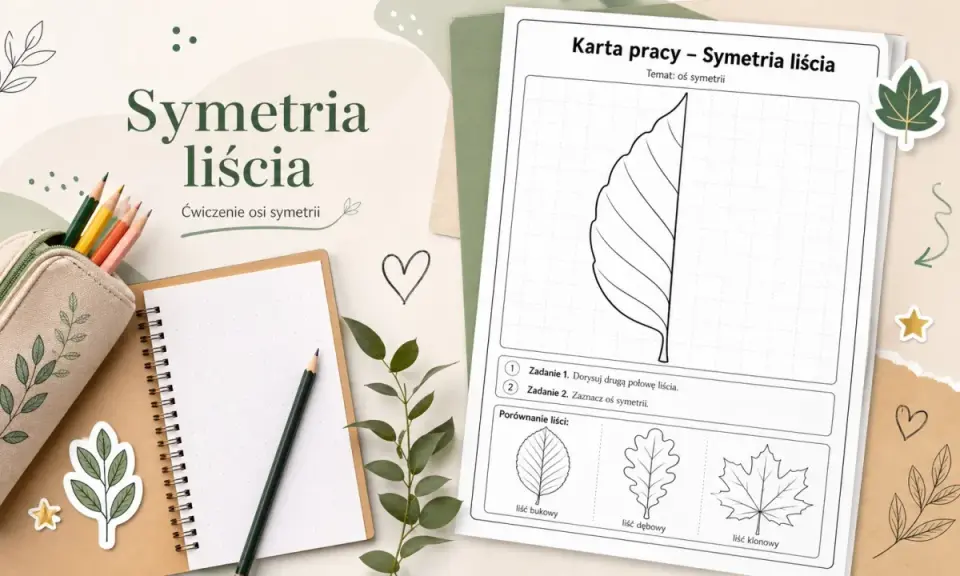 Karta pracy z ćwiczeniem symetrii liścia. Dzieci rysują drugą połowę liścia, ćwicząc oś symetrii.