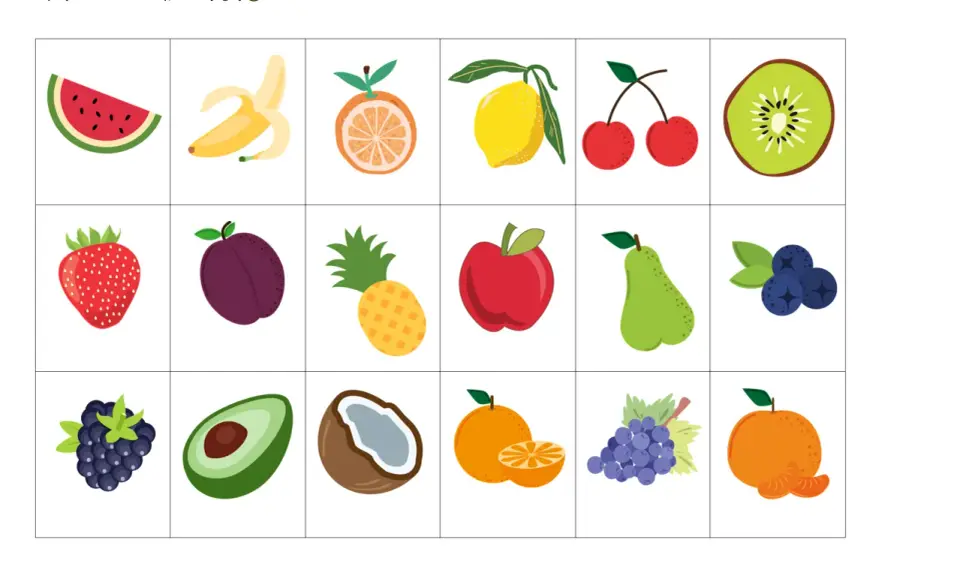 Kolorowe owoce do druku: arbuz, banan, pomarańcza, cytryna, wiśnie, kiwi, truskawka, śliwka, ananas, jabłko, gruszka, borówki, jeżyna, awokado, kokos, mandarynka, winogrona.