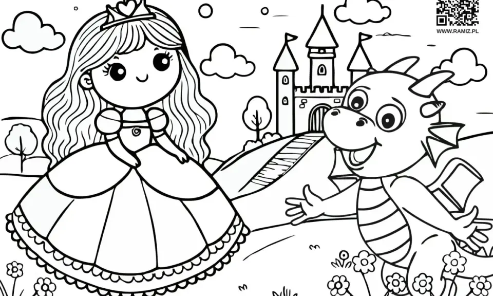 Urocza księżniczka i przyjazny smok czekają na pokolorowanie. Ta kolorowanka z rodziną przeniesie Cię do świata bajek.