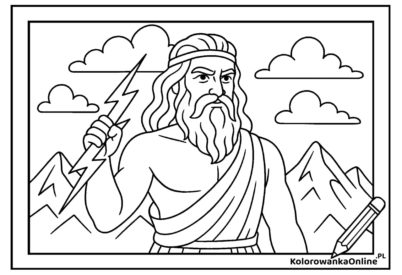 Kolorowanka zygzak: Zeus z piorunem w ręku, na tle gór i chmur. Gotowy do pokolorowania!