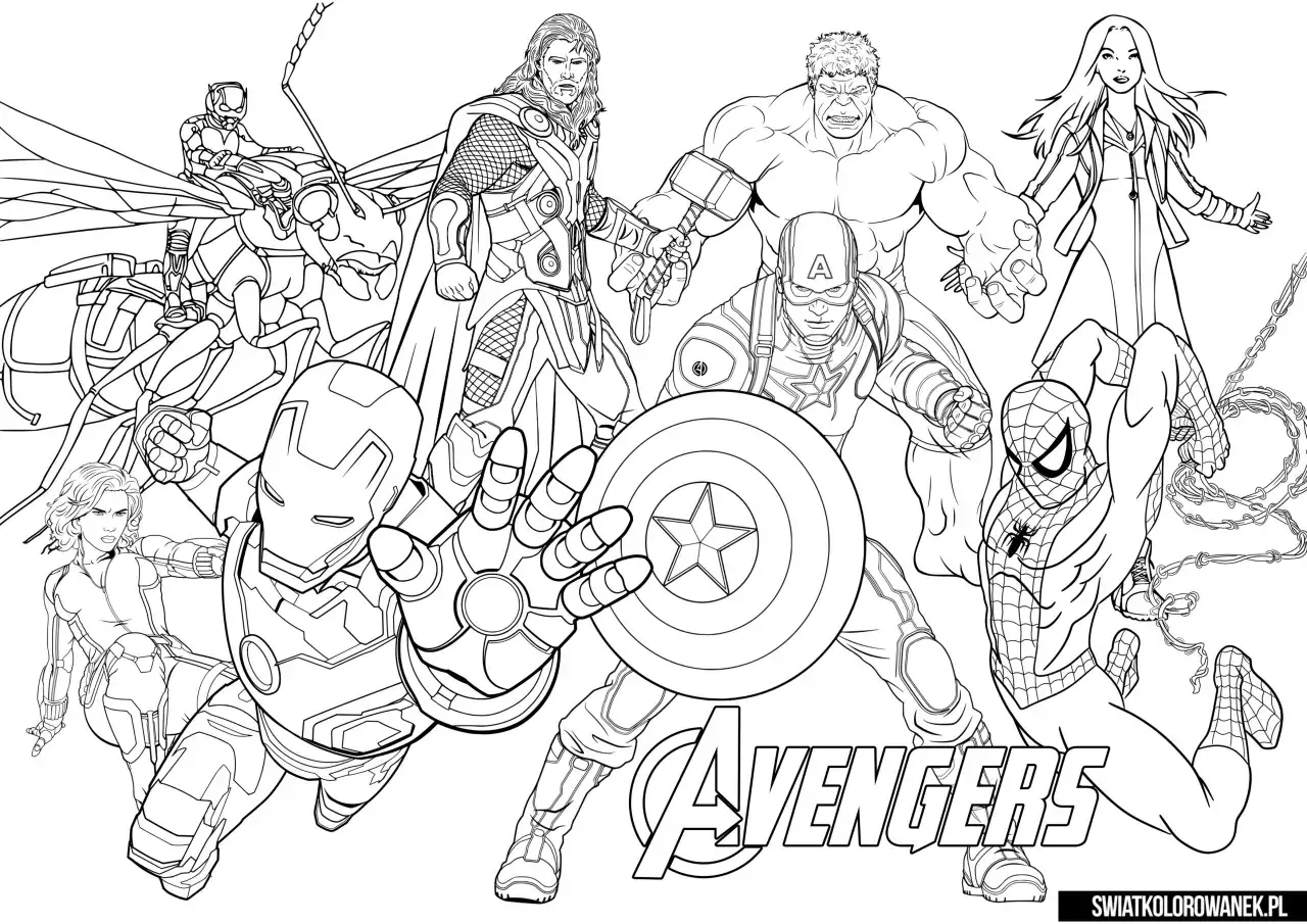 Avengers kolorowanka: Kapitan Ameryka, Iron Man, Hulk, Thor, Czarna Wdowa, Spider-Man i Wasp gotowi do akcji.