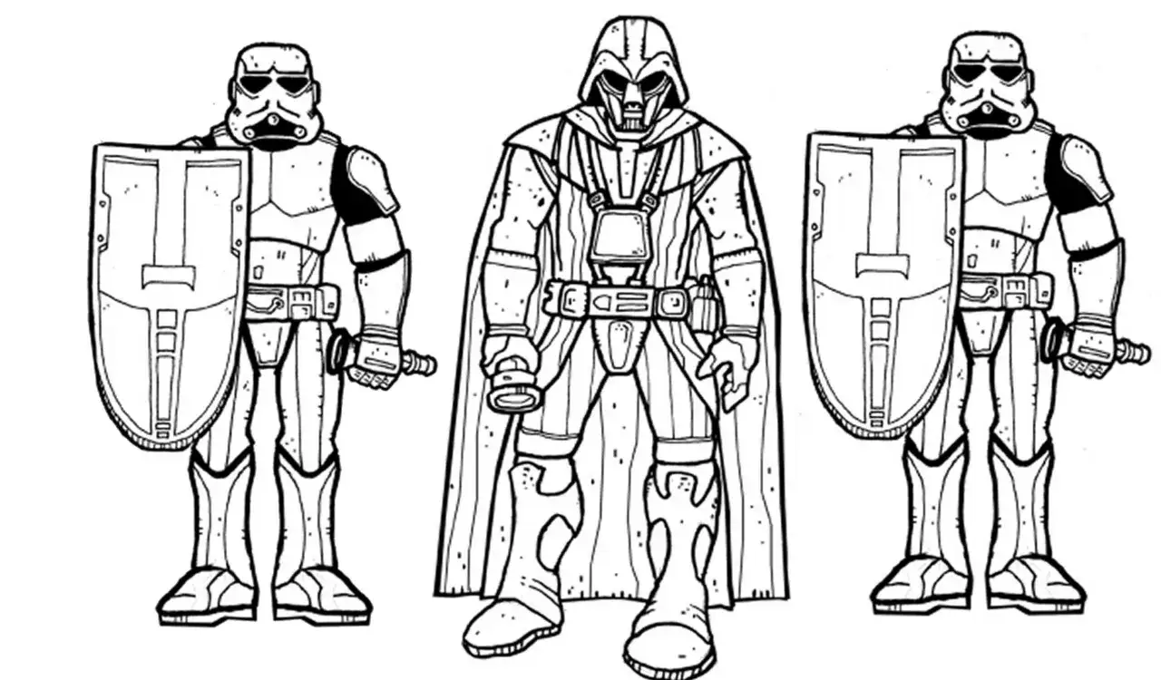 Darth Vader kolorowanka z dwoma szturmowcami trzymającymi tarcze. Gotowi do pokolorowania!