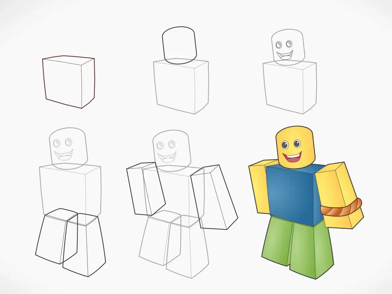 Sekwencja krok&oacute;w do stworzenia rysunku postaci z Roblox. Od sześcianu do kolorowej postaci.