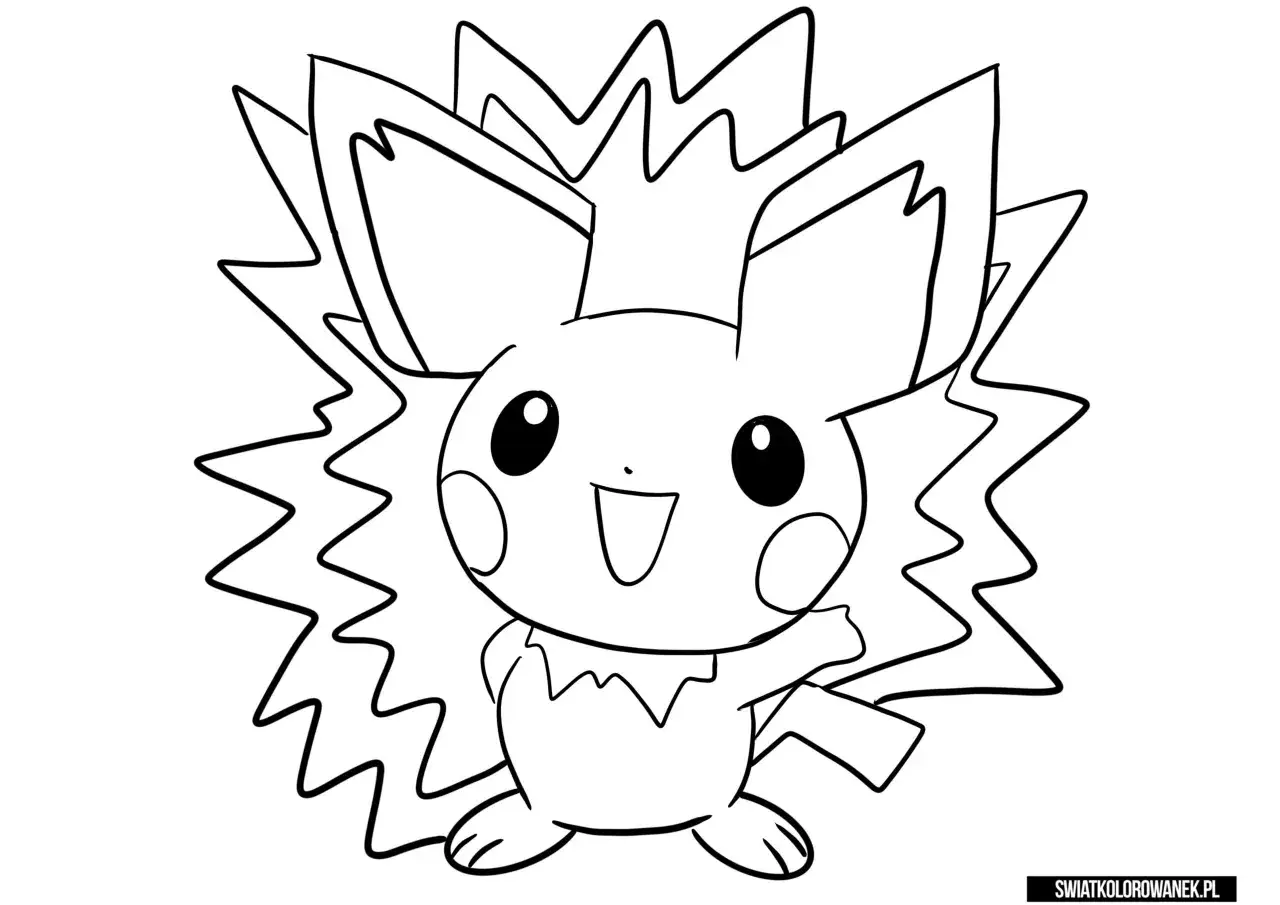 Pichu kolorowanka, uroczy stworek z Pokemonów gotowy do pokolorowania. Jego uszy i ogon tworzą elektryczne wyładowania.