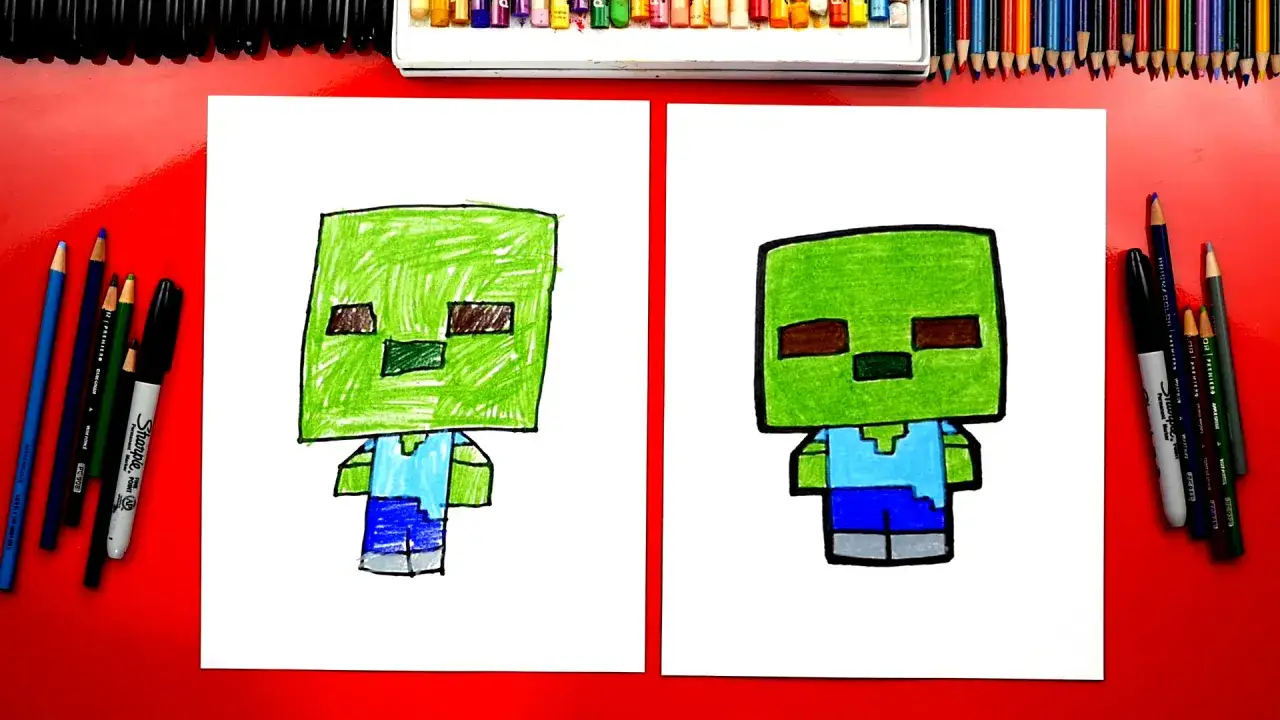 Dwa rysunki zombie z Minecrafta, jeden bardziej kolorowy, obok kredki i flamastry.