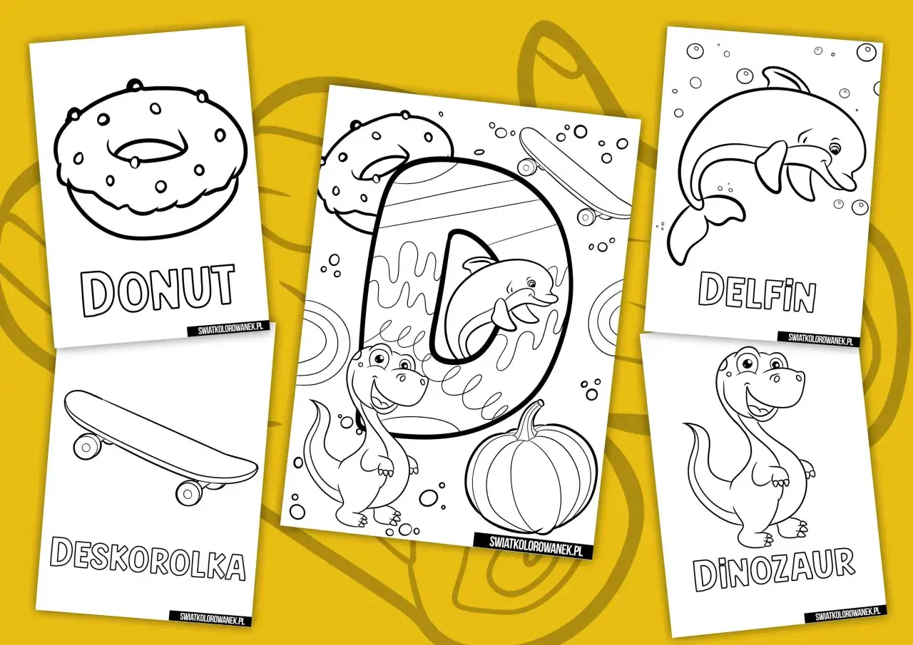 Kolorowanki z literą D: donut, deskorolka, delfin, dinozaur i dynia. Idealne do nauki literek.
